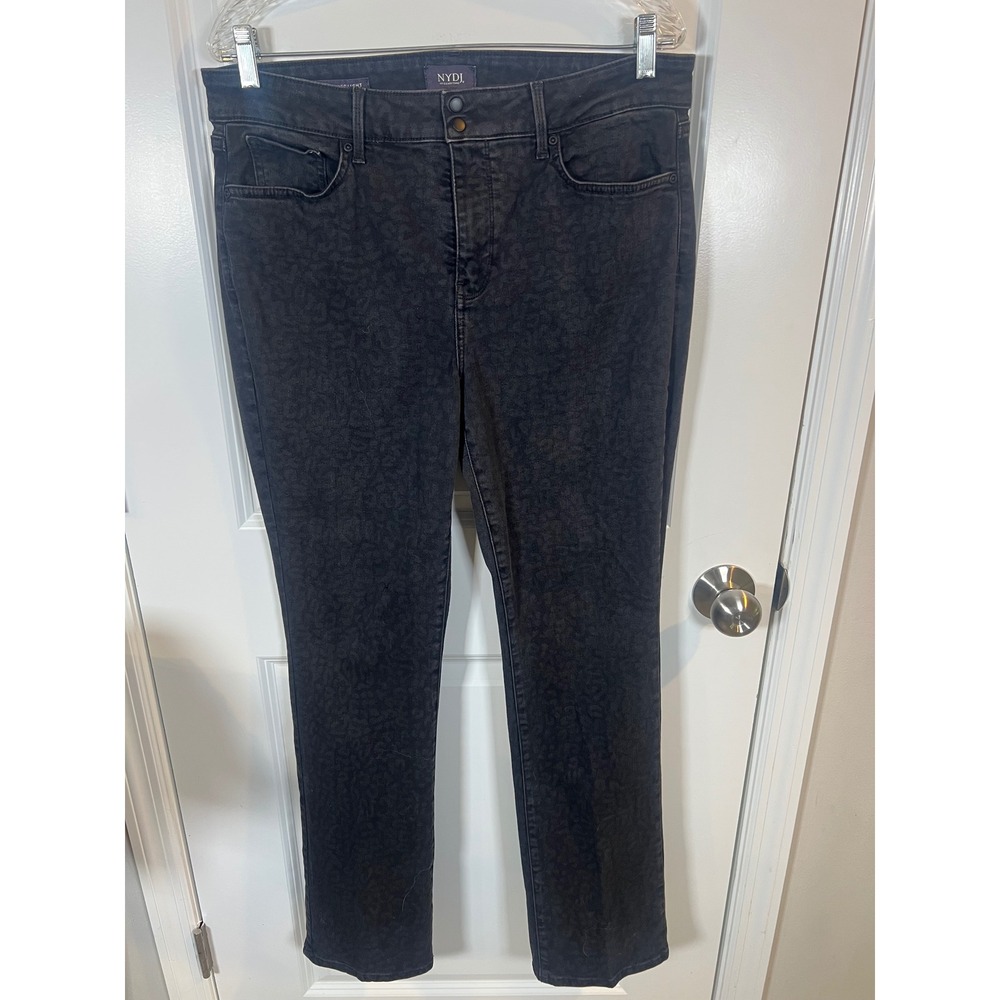NYDJ Women Marilyn Straight Jeans‎ Tonal Leopard Print Black 12 Flawed